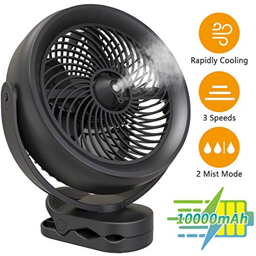 KOONIE 10000mAh Battery Operated Misting Fan with Clip, 8-Inch USB Fan for Desk With Clip, Detachable Battery, 3 Speeds, 2 Mist Modes with 200ml Tank, 48 Hours Working Time, 360°Rotation for Home, Stroller, Office, Camping and Outdoor