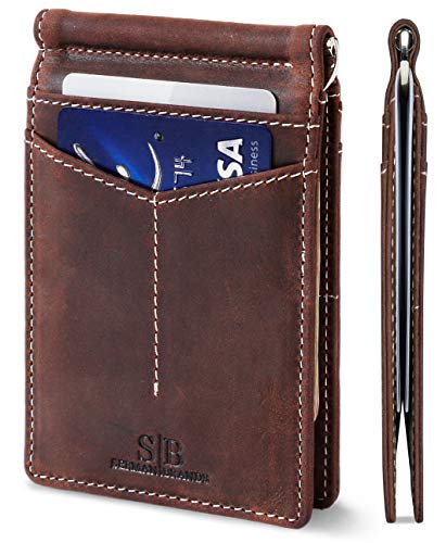 SERMAN BRANDS RFID Blocking Wallet Slim Bifold - Genuine Leather Minimalist Front Pocket Wallets for Men with Money Clip (Texas Brown Rogue)