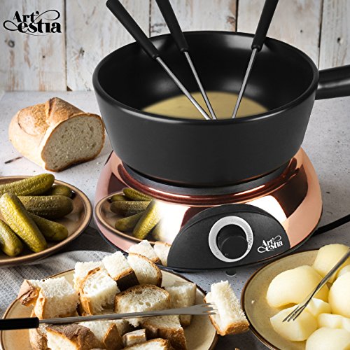 Artestia Electric Ceramic Fondue Set with 6 Fondue Forks (Rose Gold Color Base/Black Ceramic Pot)