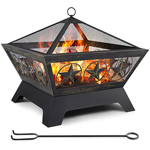 Amagabeli Fire Pit Outdoor Wood Burning 24in with Cover Firebowl Fireplace Poker Spark Screen Retardant Mesh Lid Extra Deep Large Square Outside Backyard Deck Heavy Duty Metal Grate Rustproof Bronze