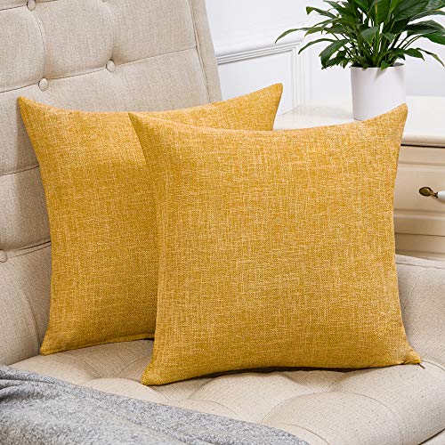 Anickal Set of 2 Mustard Yellow Farmhouse Pillow Covers Cotton Linen Decorative Square Throw Pillow Covers 18x18 Inch for Sofa Couch Decoration