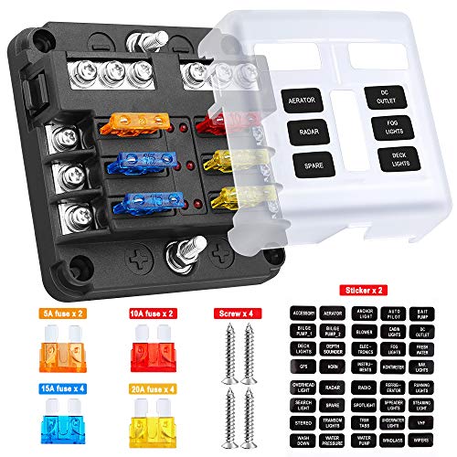 Electop 6 Way Blade Fuse Block Fuse Box Holder, 6 Circuit Car Ato/Atc Fuse Block with LED Indicator Damp-Proof Protection Cover Sticker for Automotive Car Truck Boat Marine RV Van