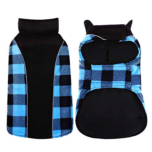 Kuoser Reversible Dog Cold Weather Coat, Reflective Waterproof Winter Pet Jacket, British Style Plaid Dog Coat Warm Cotton Lined Vest Windproof Outdoor Apparel for Small Medium and Large Dogs Blue 3XL