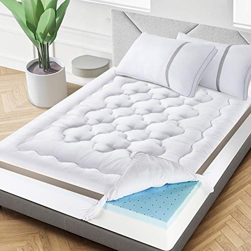 BedStory 4 Inch Mattress Topper Dual-Layer, Queen Size Pillow Top & Gel Memory Foam Bed Toppers, 2-in-1 Combination of Comfort and Support, White