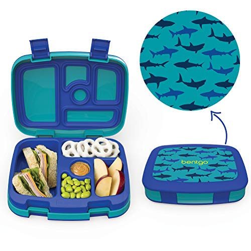 Bentgo Kids Prints (Sharks) - Leak-Proof, 5-Compartment Bento-Style Kids Lunch Box - Ideal Portion Sizes for Ages 3 to 7 - BPA-Free and Food-Safe Materials