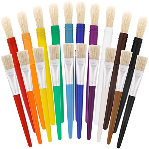 US Art Supply 20 Piece Large Round and Large Flat Hog Bristle Children's Tempera Paint Brushes