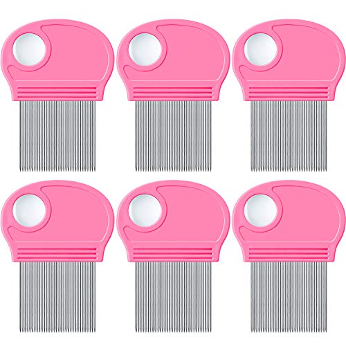 6 Pieces Head Lice Remover Nit Removal Hair Comb with Magnifier, Fine Metal Teeth Tool for Dogs Cats Pet Human Grooming and Removing Dandruff Flakes/Lice Eggs (Pink)