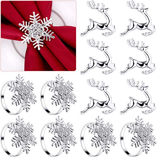 12 Pieces Christmas Napkin Rings Set, 6 Pieces Sliver Elk Chic Napkin Rings and 6 Pieces Silver Rhinestone Snowflake Napkin Rings for Christmas Wedding Birthday Party Supplies