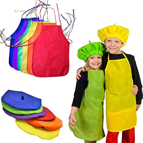 Funny Party Hats Kids Aprons – Kids Smock Apron – Cooking Apron – Painting Smock – 6 Pack of Aprons and Berets - Youth Costume