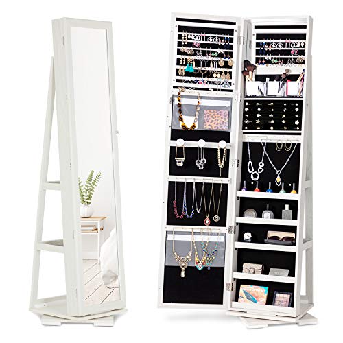 360 Rotating Jewelry Stand Organizer - Jewelry Armoire with Full-Length Mirror- Freestanding Dressing Mirror Jewelry Cabinet Storage - WHITE
