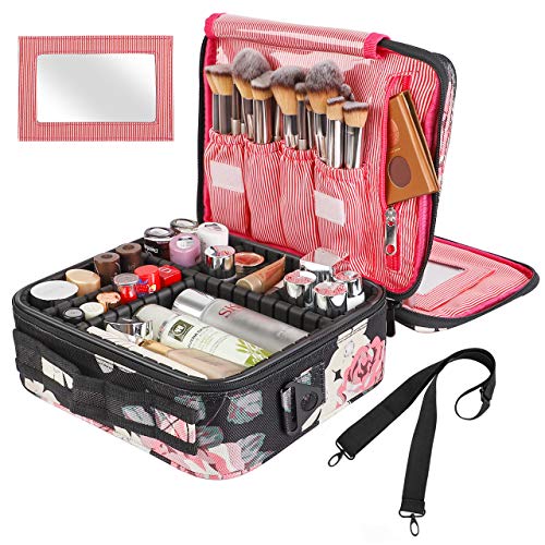 Kootek Travel Makeup Bag 2 Layer Portable Train Cosmetic Case Organizer with Mirror Shoulder Strap Adjustable Dividers for Cosmetics Makeup Brushes Toiletry Jewelry Digital Accessories