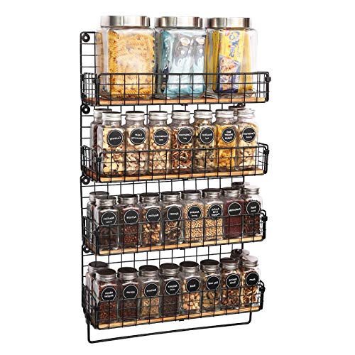 X-cosrack Wall Mounted Spice Rack with Towel Hanger 4 Tier Hanging Seasoning Jar Storage Rack Iron Wire & Wood Condiment Bottle Organizer Holder Rack Floating Shelf for Home Kitchen Bathroom