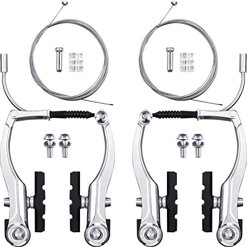 2 Pairs Bike Brakes Set Universal Bike Brakes Mountain Bike Replacement for Most Bicycle and 2 Pieces Mountain Bike Brake Cables Bike Gear Shift Cable Wire, End Caps, End Ferrules (Silver)