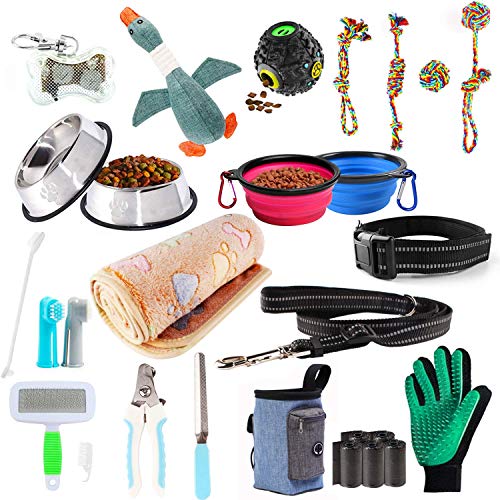 AONESY Puppy Starter Kits for Small Dog, 24pcs New pup Dog Starter kit Gift Set,Includes:Dog Toys/Dog Bed Blankets/Dog Grooming Tool/Puppy Training Supplies/Dog Leashes Accessories/Feeding Supplies