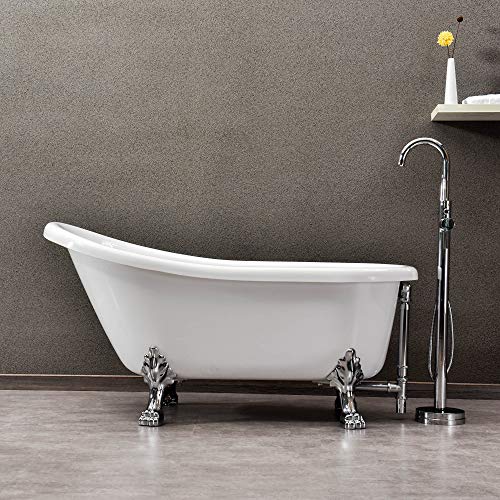 WOODBRIDGE 59'x 30' Slipper Clawfoot Bathtub with Solid Brass Polished Chrome Finish Drain and Overflow, White, 59' B-0022 C