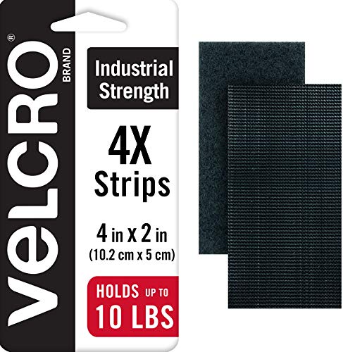 VELCRO Brand Heavy Duty Fasteners | 4x2 Inch Strips 4 Sets | Holds 10 lbs | Stick-On Adhesive Backed | Black Industrial Strength | For Indoor or Outdoor Use