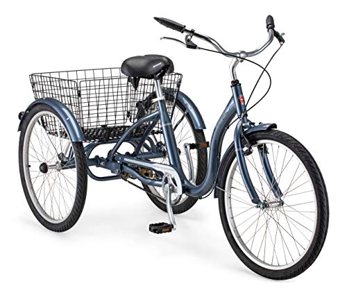 Schwinn Meridian Adult Tricycle with 24-Inch Wheels in Slate Blue, with Low Step-Through Aluminum Frame, Front and Rear Fenders, Adjustable Handlebars, Large Cruiser Seat, and Rear Folding Basket
