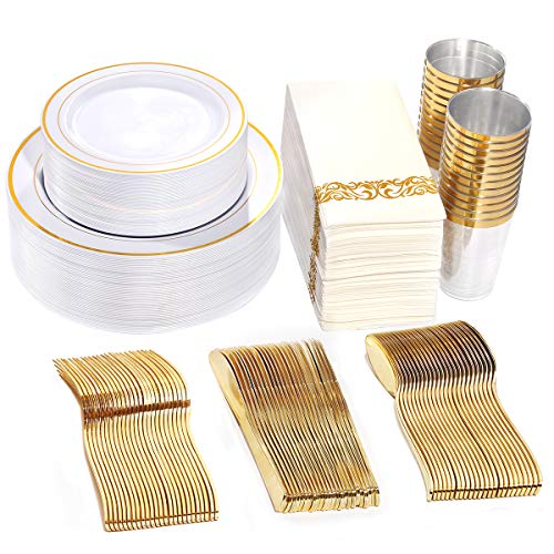 WDF Partyware 50 Guest Gold Plastic Plates with Disposable Cutlery& Gold Plastic Cups-Party Plates and Napkins sets for Wedding&Parties