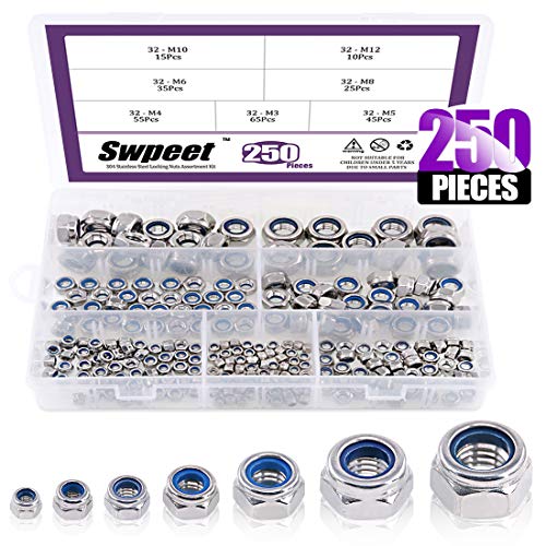 Swpeet 250Pcs 304 Stainless Steel Metric Lock Nut Assortment Kit Perfect for Lock Washers, Nylon Insert Locknut M3 M4 M5 M6 M8 M10 M12