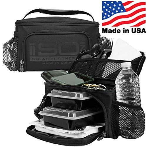 Small Meal Prep Lunch Bag ISOMINI 2 Meal Insulated Lunch Bag Cooler with 4 Stackable/Reusable Meal Prep Containers, 1 Ice Pack ISOBRICK, and 1 Shoulder Strap - Made in USA (Blackout)