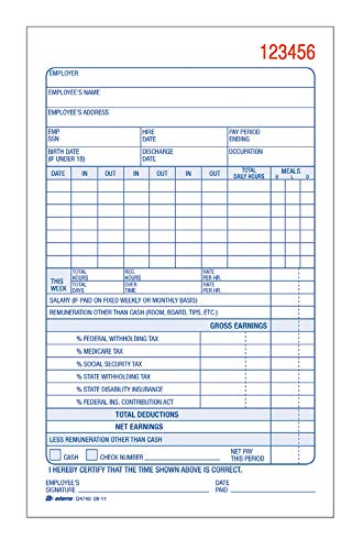 Adams Employee Payroll Record Book, 2 Part, Carbonless, 4.19 x 7.19, 50 Sets per Book, White and Canary (D4740)