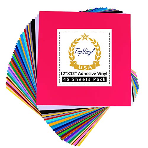 TopVinyl 12” x 12” Permanent Adhesive Vinyl Sheets for Cricut Vinyl Projects - 45 Vinyl Sheets, Assorted Colors Pack.