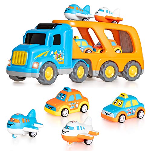 Languo Maoyi City Transport Truck Cartoon Vehicles 5 in 1 Friction Powered Car Carrier with Sounds & Light 5 Pcs Friction Power Car/Airplane- Gift for Kids Aged 3+ (Blue)