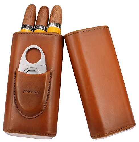 AMANCY Top Quality 3- Finger Brown Leather Cigar Case, Cedar Wood Lined Cigar Humidor with Silver Stainless Steel Cutter