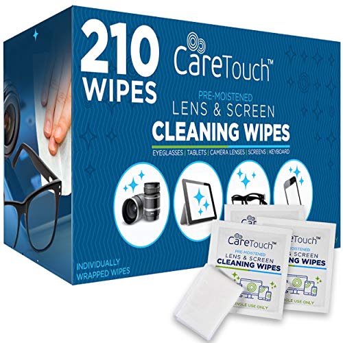 Care Touch Lens Cleaning Wipes | 210 Pre-Moistened and Individually Wrapped Lens Cleaning Wipes | Great for Eyeglasses, Tablets, Camera Lenses, Screens, Keyboards, and Other Delicate Surfaces