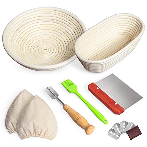 RORECAY Bread Proofing Basket Set Of 2, 9 Inch Round & 10 Inch Oval Cane Banneton Sourdough Baskets with Bread Lame + Dough Scraper + Linen Liner + Basting Brush for Bread Making Baking Fermentation