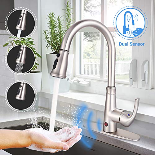 Touchless Kitchen Faucet, Dalmo DAKF5F Kitchen Faucet with Pull Down Sprayer, Single Handle Sensor Kitchen Sink Faucet with 3 Modes Pull Out Sprayer, Brushed Nickel Plating Dual Sensor Sink Faucet