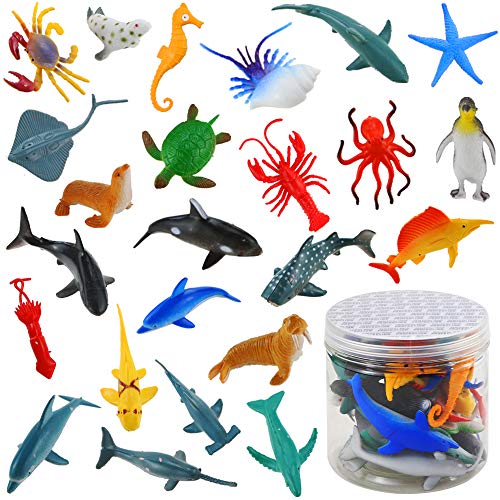 Bignc 24 Pack Mini Ocean Sea Animal Model Toys Under The Sea Life Figure Bath Toy for Child (Shark, Blue Whale, Starfish, Crab, Etc.)