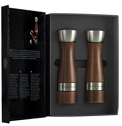 COLE & MASON Oldbury Wood Salt and Pepper Grinder Set - Wooden Mills Include Gift Box, Gourmet Precision Mechanisms and Premium Sea Salt & Peppercorns, Brown