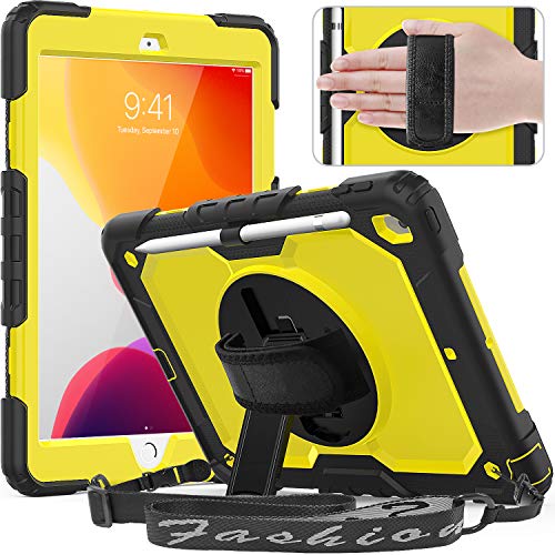 Timecity Case for iPad 8th/ 7th Generation, iPad 10.2 Case with Built-in Screen Protector Pencil Holder, Heavy Duty Protective Cover with 360°Rotatable Stand Adjustable Hand/ Shoulder Strap, Yellow