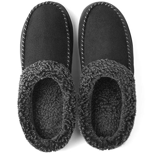 ULTRAIDEAS Men's Cozy Memory Foam Moccasin Suede Slippers with Fuzzy Plush Wool-Like Lining, Slip on Mules Clogs House Shoes with Indoor Outdoor Anti-Skid Rubber Sole(Black, 9-10)