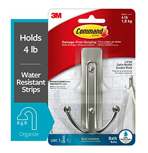 Command Large Double Bath Hook, Satin Nickel, 1-Hook, 1-Large Water-Resistant Strip, Organize your dorm