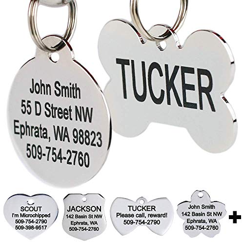 GoTags Stainless Steel Pet ID Tags, Personalized Dog Tags and Cat Tags, up to 8 Lines of Custom Text, Engraved on Both Sides, in Bone, Round, Heart, Bow Tie, Flower, Star and More (Dog Bone, Regular)