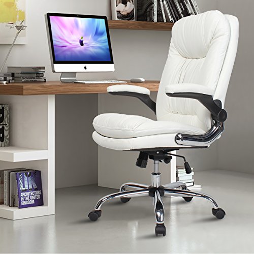YAMASORO Ergonomic Executive Office Chair White,High Back Leather Computer Chair Flip up Arm Rests,Office Desk Chairs with Wheels for Heavy People