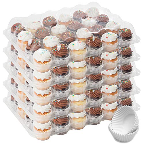 Houseables 24 Cupcake Containers, Plastic Compartment, Clear, 5 Pk, PET, Ultra-Sturdy Boxes, Full Size Cup Cake, Baking Transport, Individual Count, Disposable, Muffin Storage Tray, With 120 Liners