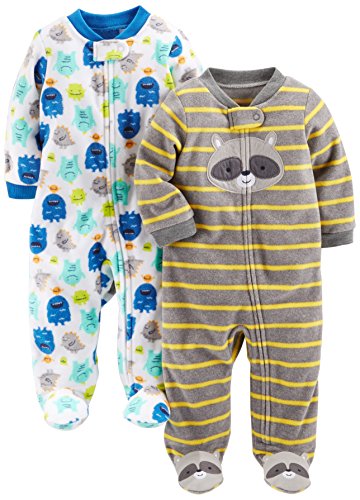 Simple Joys by Carter's Baby Boys' 2-Pack Fleece Footed Sleep and Play, Monsters/Raccoon, 6-9 Months