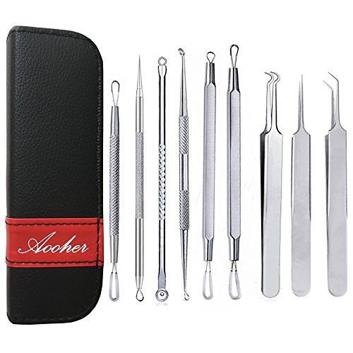 9pcs Blackhead Remover Tool Kit, Aooher Professional Pimple Comedone Extractor Instrument Tool Set for for Pimples, Blackheads, Zit Removing, Forehead,Facial and Nose