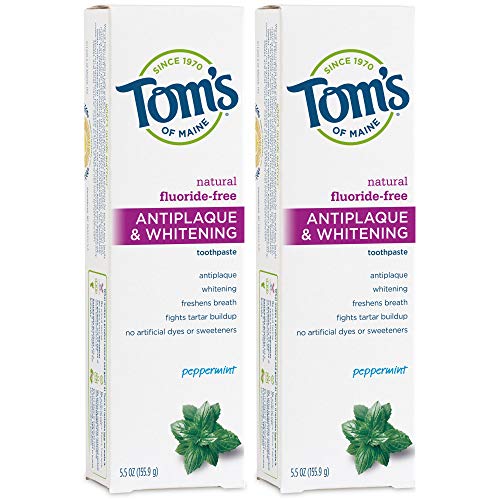 Tom's of Maine Fluoride-Free Antiplaque & Whitening Toothpaste, Whitening Toothpaste, Natural Toothpaste, Peppermint, 5.5 Ounce, 2-Pack