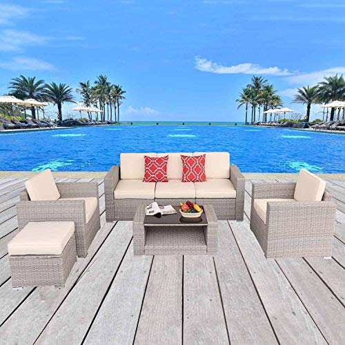 HTTH 7 PCS Outdoor Rattan Furniture Sofa Wicker Conversation Set Sectional Furniture -All Weather Garden Sofa Couches Set |Patio, Backyard, Pool (Beige)