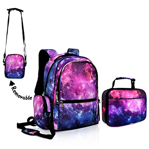 Galaxy Backpack for Girls for School Purple Bookbag with Galaxy Lunch Boxes