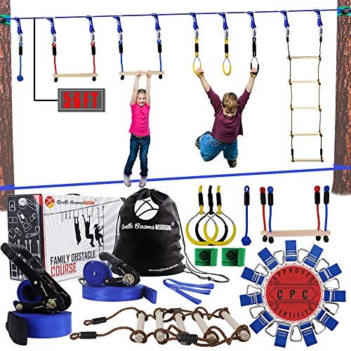 Gentle Booms Sports Ninja Warrior Line Obstacle Course Kit Monkey Bar Kit 56 Foot, Kids Slackline Hanging Obstacle Course Set, Extreme Training Equipment for Outdoor Play, Family Play Together