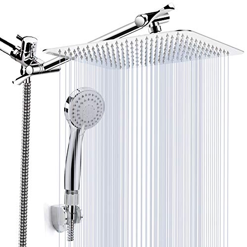 Kaqinu Shower Head , 8'' High Pressure Rainfall Shower Head / Handheld Showerhead Combo with 11” Extension Arm, Anti-leak Shower Head with Holder/ Hose, Flow Regulator, Chrome