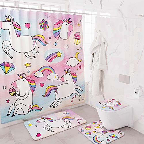 Cooper's Store 4 Piece Complete Unicorn Shower Curtain Sets for Girls, Pink Bathroom Decor Accessories Set with Rugs, Toilet Lid Covers and Bath Mat, 12 Hooks, Waterproof Curtains for Kids