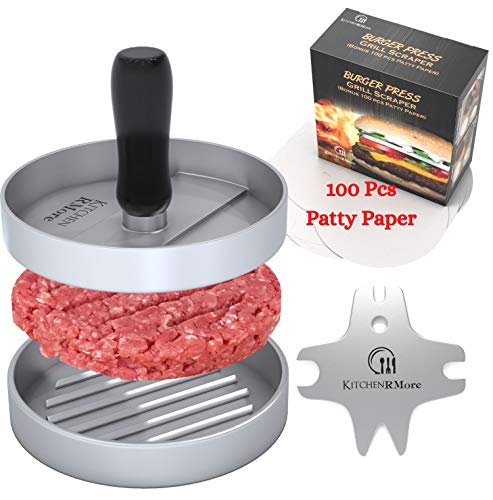 Kitchen RMore Burger Presses + Recipe EBook + Patty Paper | Non-Stick Aluminum Hamburger Mold Grilling Accessories for Perfect Patties (Silver Single Burger Press + Grill Scraper)
