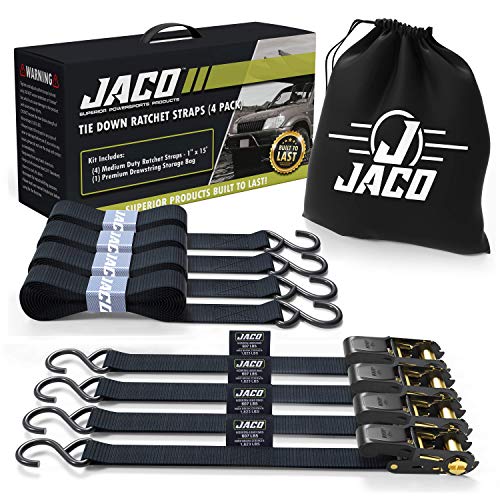JACO Ratchet Tie Down Straps (4 Pack) - 1 in x 15 ft | AAR Certified Break Strength (1,823 lbs) | Cargo Tie Down Set with (4) Utility Ratchet Straps, (4) Bundling Straps, and Accessories (Black)