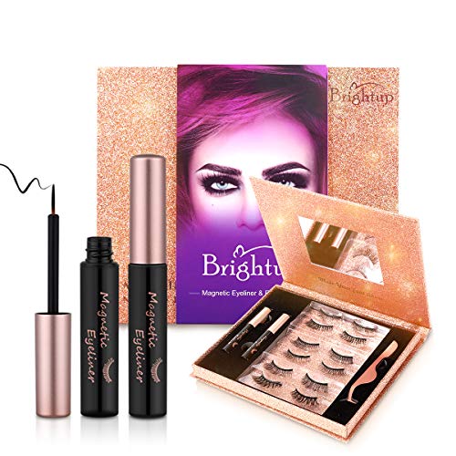 Brightup Magnetic Eyelashes with Eyeliner Kit, 6 Pairs 3D Natural Look Reusable False Magnetic lashes, 2 Tubes Long Lasting Magnetic Eyeliner 10 mL, Twinkle Mirror Box with Tweezers, Ideal For Gift